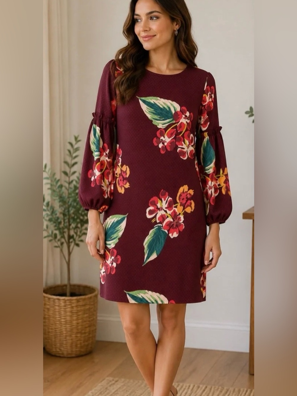 Loft Burgundy Floral Shift Dress Size Small Petite SP Swiss Dot Womens